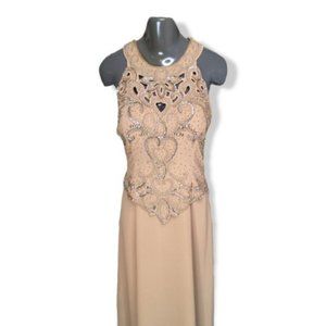 Flesta Women's Tan Champagne Gold Beaded Evening Gown Prom Dress Size Large